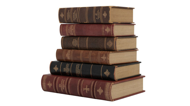 Seven antique hardcover books stacked vertically, displaying ornate, aged spines in brown and black against a solid transparent background. background removed - Powered by Adobe