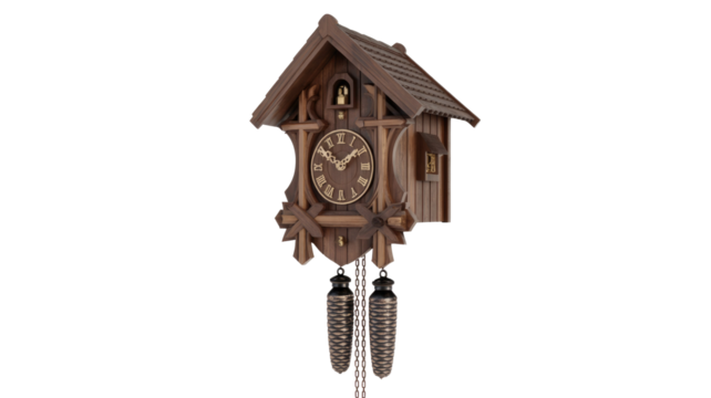 A traditional wooden cuckoo clock with intricate carvings, Roman numerals, and decorative pinecone weights, captured against a solid transparent background. background removed - Powered by Adobe