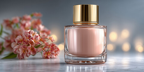 bottle of perfume beside delicate flower, soft brown and gray tones, subtle depth of field, elegant and sophisticated ambiance,