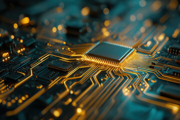 Futuristic motherboard texture with glowing gold and teal circuitry &mdash; high-detail technology background