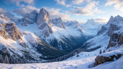 Fototapeta premium panoramic view of dolomite mountain peaks in beautiful morning light with early winter snow covered summits forming majestic natural alpine landscape concept of travel tourism outdoor adventure