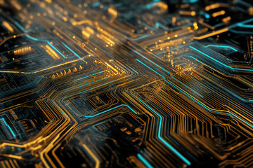 Futuristic motherboard texture with glowing gold and teal circuitry &mdash; high-detail technology background