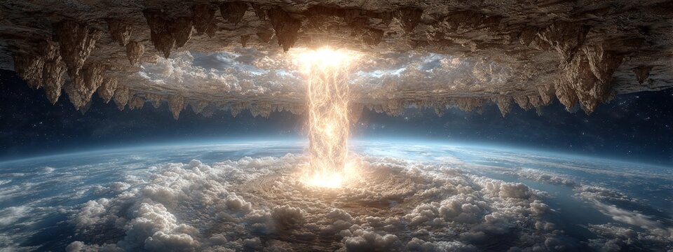 a massive explosion of light coming from a cave above clouds