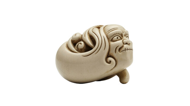 An intricately carved antique Japanese Netsuke, depicting a grotesque mythical creature or demon head with an expressive, fierce face. Beige material. background removed