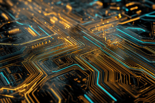 Futuristic motherboard texture with glowing gold and teal circuitry — high-detail technology background