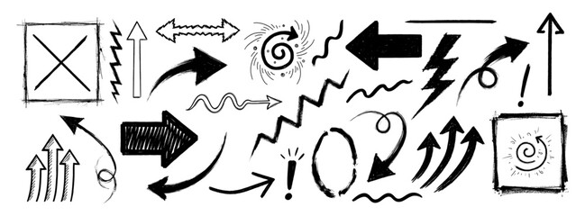 Set of hand-drawn black arrows and directional symbols for infographics and presentations