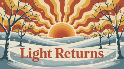Winter landscape with rising sun and bare trees in retro style illustration