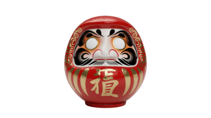 A vibrant red Daruma doll, a traditional Japanese symbol of good luck and perseverance, with gold details and a kanji for fortune. background removed