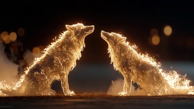 Two glowing wolves facing each other at night
