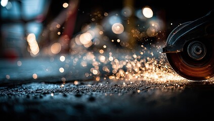 A close-up view of a power tool cutting through metal, sparking brightly on a dark surface