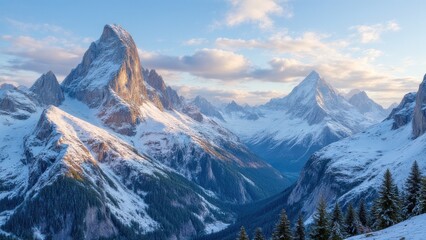 Obraz premium panoramic view of dolomite mountain peaks in beautiful morning light with early winter snow covered summits forming majestic natural alpine landscape concept of travel tourism outdoor adventure