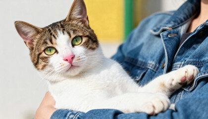 Closeup portrait of a cute brown and white tabby cat with green eyes being held by a person in a denim jacket