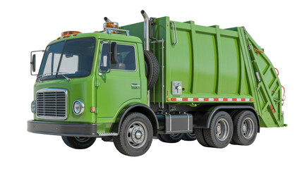 A vibrant green garbage truck, a detailed 3D render, stands isolated on a transparent background, ready for waste collection. background removed