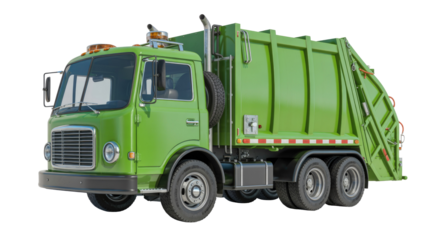 A vibrant green garbage truck, a detailed 3D render, stands isolated on a transparent background, ready for waste collection. background removed