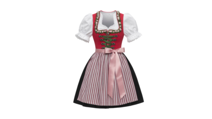 Traditional Bavarian dirndl with red bodice, white blouse, striped skirt, pink apron, and intricate floral embroidery for cultural events. background removed
