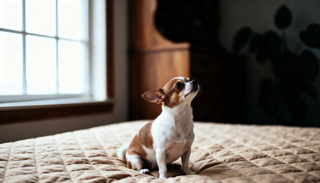 Small chihuahua dog sitting attentively on a textured bed looking up towards bright window light