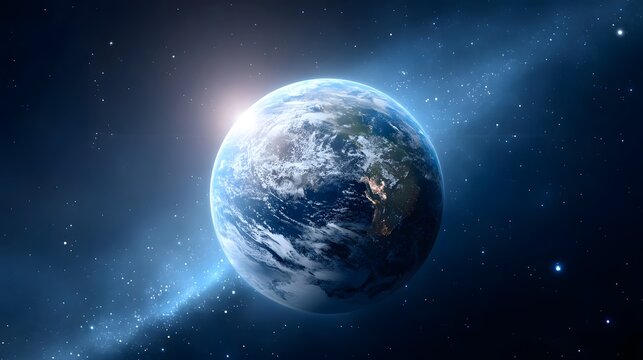 A stunning perspective of our blue planet Earth viewed from outer space  The sun s radiant light creates a bright horizon while countless stars and a faint galactic swirl add to the cosmic spectacle