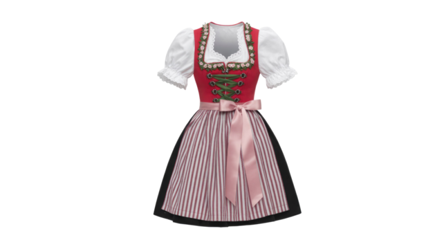 Traditional Bavarian dirndl with red bodice, white blouse, striped skirt, pink apron, and intricate floral embroidery for cultural events. background removed - Powered by Adobe