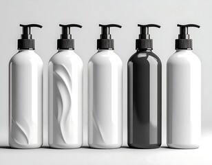 Five bottles, some white and one black, with pumps, standing in a row on a white surface, simple background