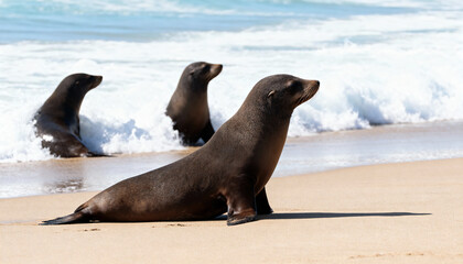 Fototapeta premium Three dark brown fur seals resting on a sandy beach near the ocean surf on a sunny day