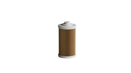 A cylindrical pleated filter cartridge with brown media and white caps, isolated on a transparent background, designed for fluid purification systems. background removed
