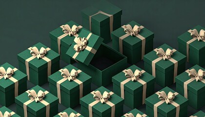 Elegant arrangement of dark green gift boxes with satin ribbons and one open box.
