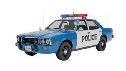 A classic blue and white police cruiser, with flashing lights, a push bar, and "POLICE" text, on a solid transparent background. background removed