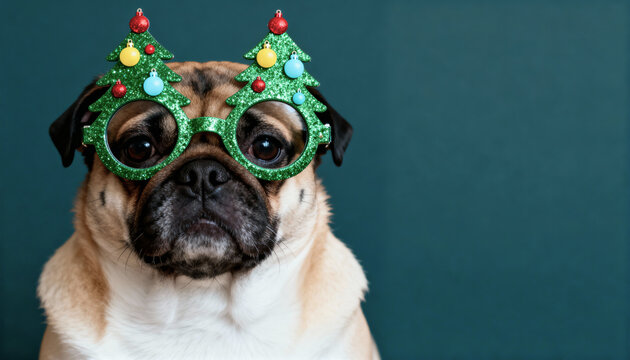 Closeup portrait of a cute pug dog wearing funny green glittery christmas tree shaped glasses - Powered by Adobe