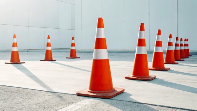 Orange safety cones arranged in a triangular formation on a street