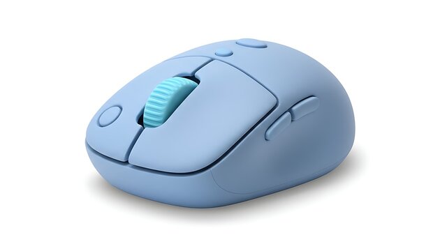 3D cartoon pastel wireless mouse in blue with scroll wheel detail, smooth clay texture, cute minimal style, isolated on a white background.
