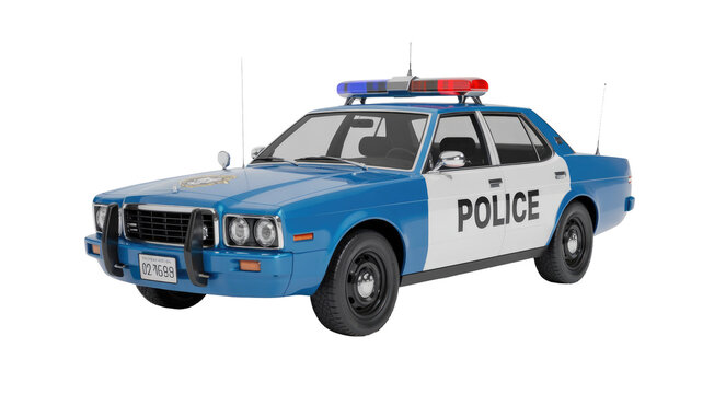 A classic blue and white police cruiser, with flashing lights, a push bar, and "POLICE" text, on a solid transparent background. background removed