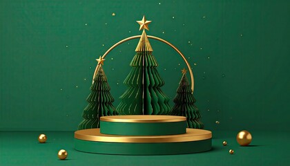 Elegant minimalist Christmas display with gold podium and festive trees.