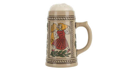 A traditional ceramic beer stein with a foamy head, featuring a vibrant illustration of a person in festive attire holding a drinking vessel. background removed