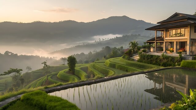 Travel destination rice terraces villa bali indonesia a luxurious resort with a picturesque view of the natural world - Powered by Adobe
