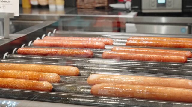 Hot dogs cooking on a rotating grill inside a store. Close-up view of sausages sizzling on rollers, showing fresh fast food preparation in a bright, clean setting.