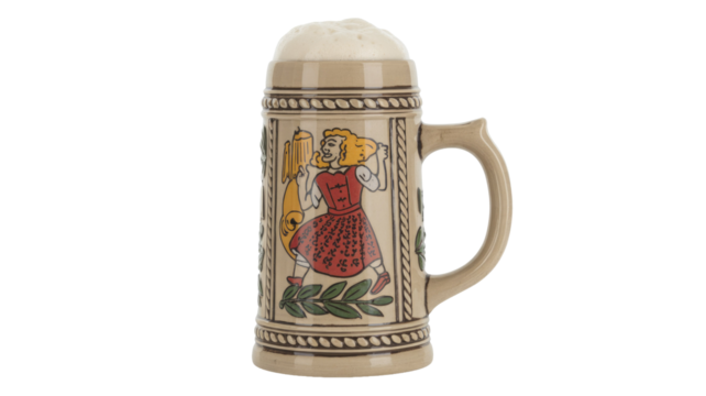 A traditional ceramic beer stein with a foamy head, featuring a vibrant illustration of a person in festive attire holding a drinking vessel. background removed - Powered by Adobe
