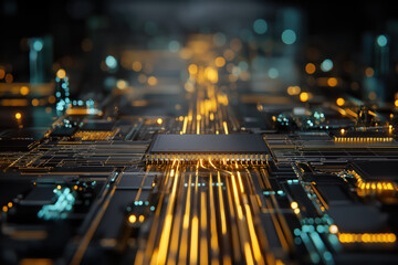 Futuristic motherboard texture with glowing gold and teal circuitry &mdash; high-detail technology background