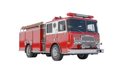 A classic red and white fire truck with emergency lights and ladders, isolated on a transparent background, ready for fire rescue operations. background removed