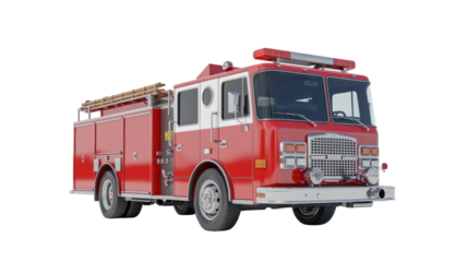 A classic red and white fire truck with emergency lights and ladders, isolated on a transparent background, ready for fire rescue operations. background removed