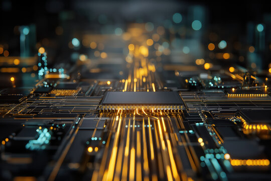 Futuristic motherboard texture with glowing gold and teal circuitry — high-detail technology background