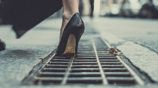 High heels stuck in a metal grate on a city sidewalk, close-up stiletto caught in street drain showing a fashion mishap, footwear problem and urban walking hazard - Powered by Adobe