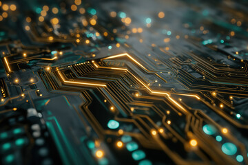 Futuristic motherboard texture with glowing gold and teal circuitry &mdash; high-detail technology background