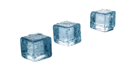 Three Clear Ice Cubes with Water Droplets Arranged Diagonally on transparent Background