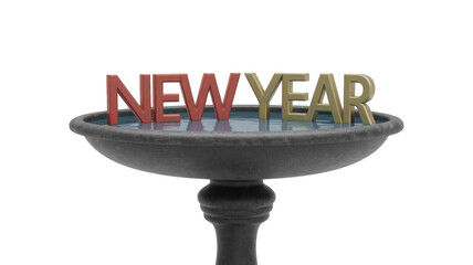 3D text 'NEW YEAR' with red and gold letters floating in water within a dark, stone-like birdbath, isolated on a transparent background. background removed