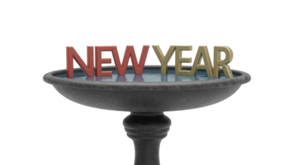 3D text 'NEW YEAR' with red and gold letters floating in water within a dark, stone-like birdbath, isolated on a transparent background. background removed