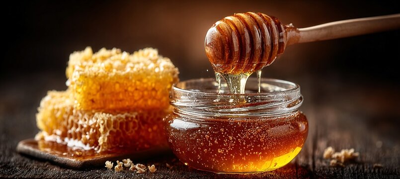 a glass jar filled with honey and a wooden spoon stirring it