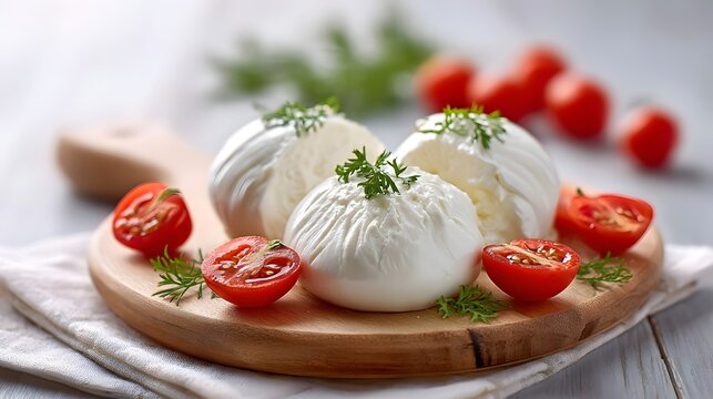 A close up of creamy burrata cheese presented with vibrant cherry tomatoes and fresh green herbs on a rustic wooden cutting board