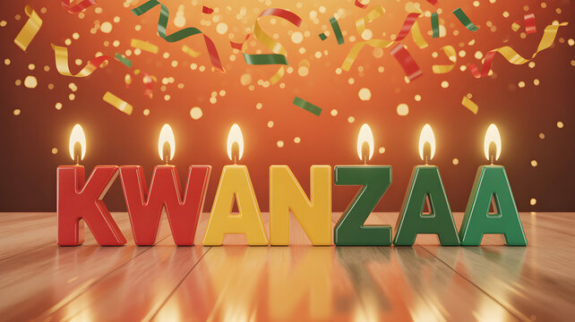 Kwanzaa celebration with candles and confetti on wooden surface