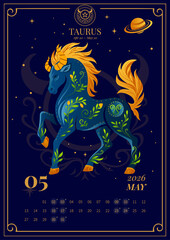 Taurus Zodiac Horse &ndash; 2026 May Calendar Page