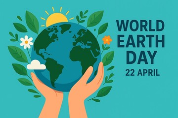 World Earth Day 22 April Illustration with Planet in Hands and Green Leaves Around